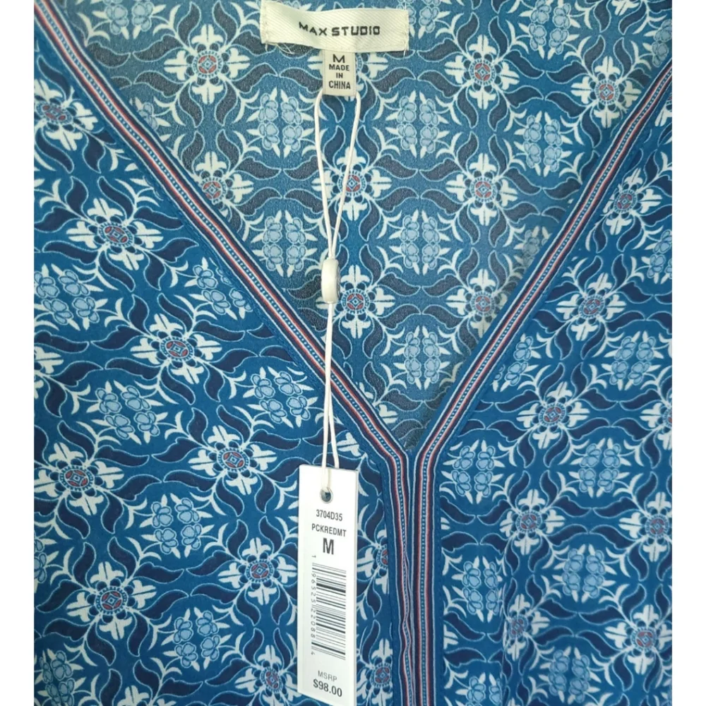 Max Studio Coastal Boho Tile Print Tie Front Blouse M Flutter Sleeve Summer NWT - Picture 7 of 10